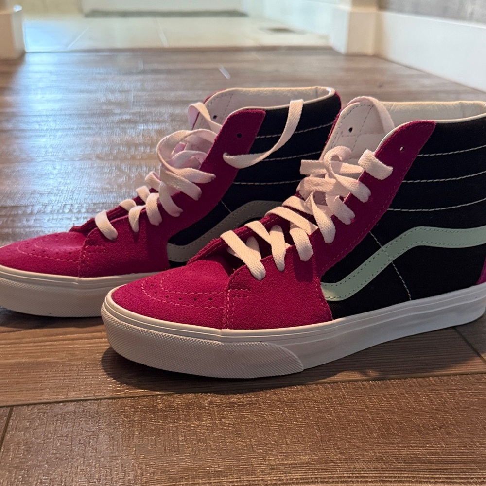 Vans Pink and Black High-Tops with White Laces